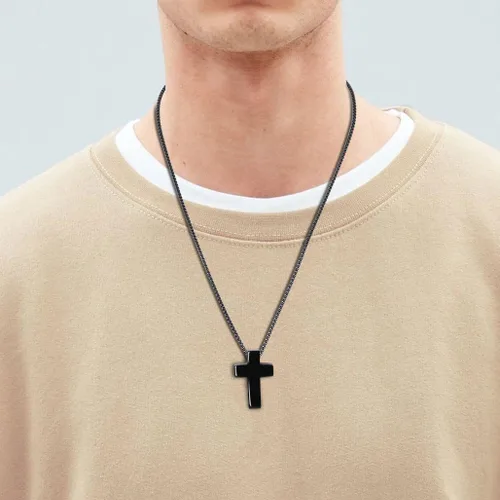 Vista 4 de COAI Collar con colgante de cruz de piedra de obsidiana de joyería religiosa