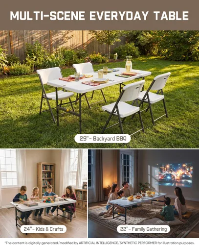 Vista 4 de FanttikOutdoor Mesa plegable de plástico de 6 pies de ajuste rápido para Granito blanco