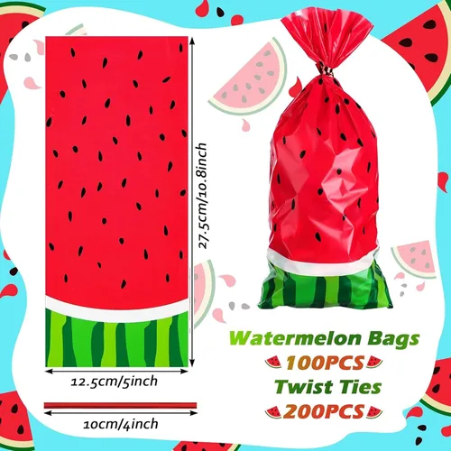 Vista 2 de 100 bolsas de sandía para dulces de celofán, bolsas de plástico de melón a granel con 200 lazos giratorios para regalo de fiesta de cumpleaños
