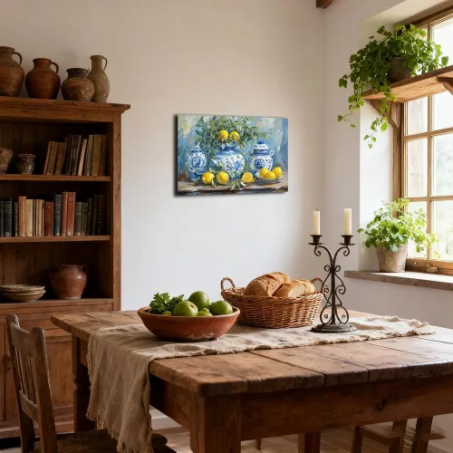 Vista 2 de SWQYLB Arte de pared de limón para cocina, cuadro vintage de frutas cítricas, impresiones en lienzo amarillo limón con cerámica azul, pintura