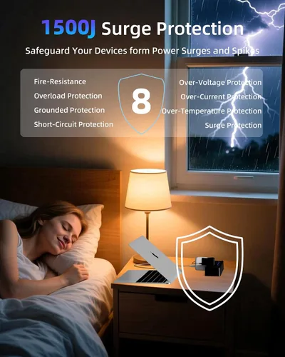 Vista 4 de Regleta protectora contra sobretensiones con interruptores individuales, 6 tomas de corriente ampliamente espaciadas con 2 USB C y 2 USB A, cable