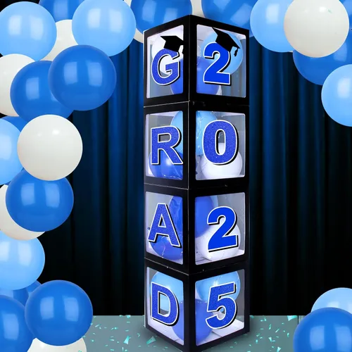 Vista 7 de Decoraciones azules para fiestas de graduación 2026, cajas de globos de graduados – 4 cajas de globos negros con 4 cuerdas de luz y letras 2026 Grad