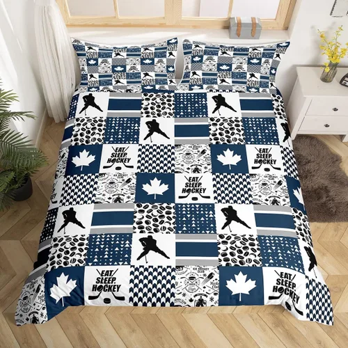 Vista 21 de Erosebridal Hockey Twin Duvet Cover for Boys,Blue and Black Sports Bedding Sets for Kids Teen,Ball Games Gamer Bed Set,Ice Hockey Field Quilt Cover