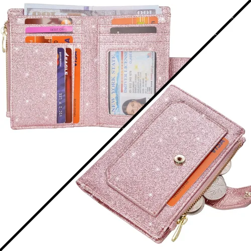 Vista 3 de Carteras para mujer RFID pequeñas y compactas de cuero con doble pliegue, con bolsillo con cremallera, medio, Compacto Purpurina púrpura claro