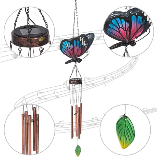 Vista 3 de Campanillas de viento solares para exteriores, diseño de mariposa, decoración exterior para patio, porche, jardín (azul)