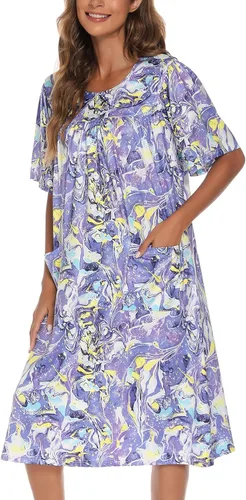 Vista 4 de AVIIER Vestido de casa para mujer, manga corta, vestidos de descanso Mumu con bolsillos