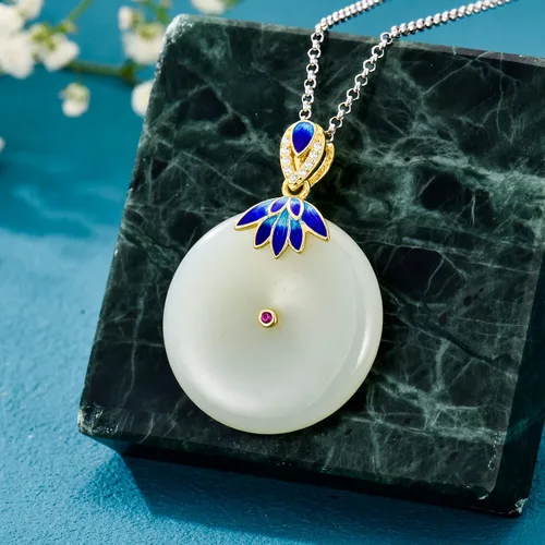 Vista 5 de JKR Round Jade Necklace Enamel ButterflyFlowerLeaf Sterling Silver Circle Jade Pendant Jewelry Mothers Day Birthday Jewelry Gifts for Women Mom Her