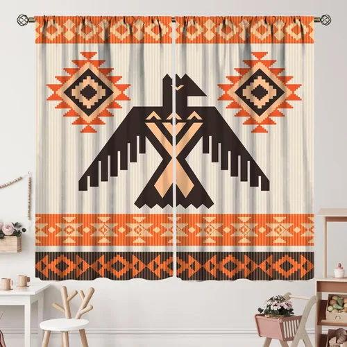 Vista 257 de Cortinas con patrón geométrico tribal, estilo suroeste, azteca, rústico, occidental, nativo americano, opacas, con bolsillo para barra, decoración