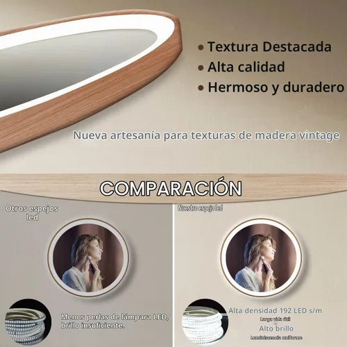 Vista 5 de Espejo de baño LED redondo con marco de madera con luces de 20 pulgadas, espejo de pared iluminado, 3 colores regulables, antiniebla, espejo 20.0 in