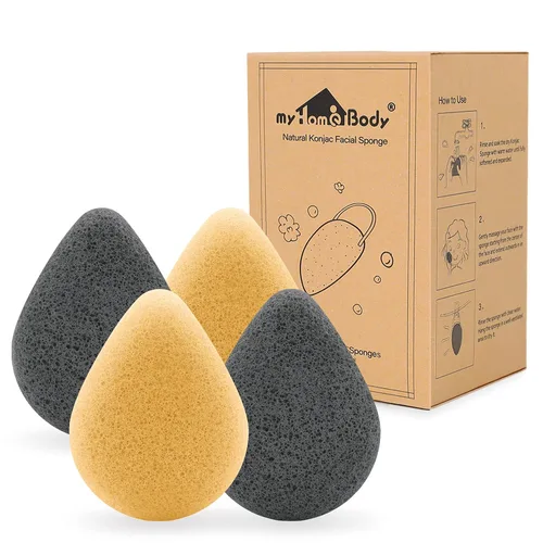 Vista 9 de myHomeBody Esponjas faciales naturales Konjac – forma de lágrima – para una limpieza y exfoliación facial suave – con carbón activado y aloe vera