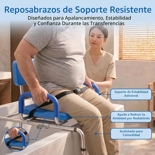 Vista 7 de Banco de transferencia deslizable para ducha con asiento giratorio Carousel, bariátrico, acolchado premium con apoyabrazos giratorios, alta Azul