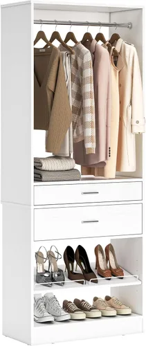 Vista 16 de Unikito Organizador de armario de 25 pulgadas de ancho x 80 pulgadas de alto, con barra para colgar y 2 cajones de madera, zapatero ajustable