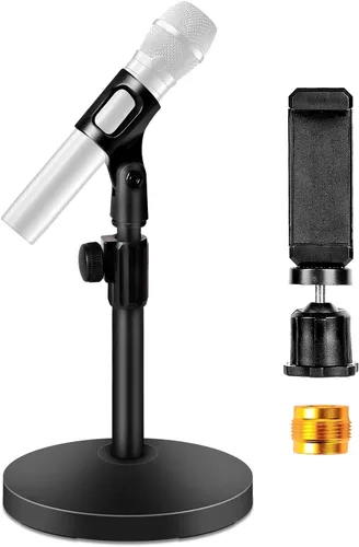 Vista 6 de BILIONE - Soporte para micrófono multifunción 3 en 1, para escritorio o mesa, ajustable, con clip de micrófono y clip para celular, adaptador