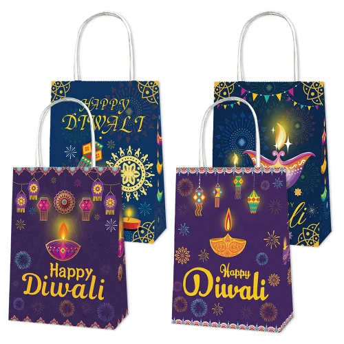 Vista 5 de ALIBBON 12 bolsas de regalo Happy Diwali, suministros de fiesta Diwali, bolsas de papel kraft para aperitivos de dulces, bolsas de regalo de fiesta