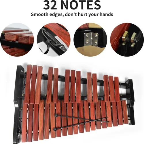 Vista 4 de TNZMART Juego de xilófono de 32 teclas con soporte ajustable de madera Glockenspiel Percusión Instrumento educativo