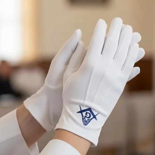 Vista 4 de Blue Square & Compass Masonic Embroidered Cotton Gloves - [White]