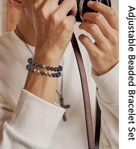 Vista 2 de FINZOR 12 pulseras de cuentas para hombres y mujeres de 0.315in, ojo de tigre, piedra de lava ajustable, aceites esenciales para la ansiedad