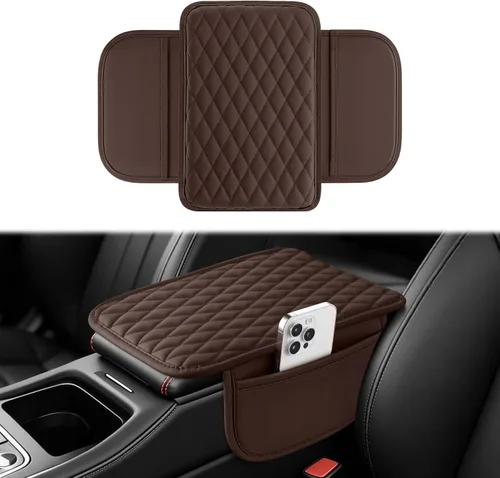 Vista 17 de Amiss Funda para consola central de automóvil, cojín de reposabrazos de automóvil de cuero mejorado con 2 bolsillos de almacenamiento, almohadilla