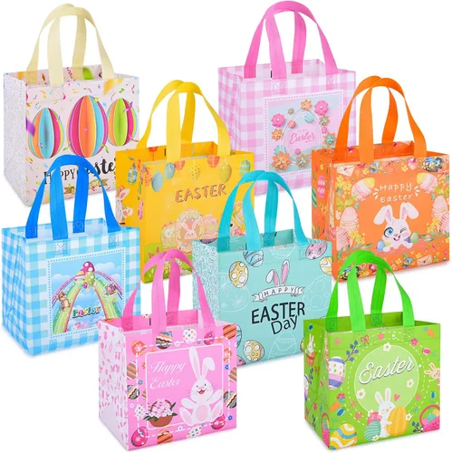 Vista 8 de Iioscre 8 bolsas de regalo de Pascua, cesta de Pascua reutilizable con asas, bolsas de regalo no tejidas para niños, caza de huevos de Pascua