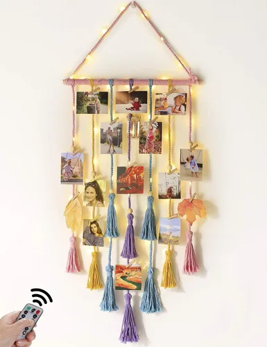 Vista 10 de Homecor Decoración de pared colgante de macramé negro, decoración bohemia para habitación, collage de marcos de fotos con luz remota, 30 clips