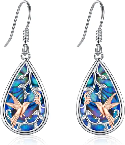 Vista 83 de Aretes colgantes de plata de ley con diseño de árbol de la vida, flor, abeja, animales, gato, colibrí, piedra lunar, turquesa, aretes con cierre