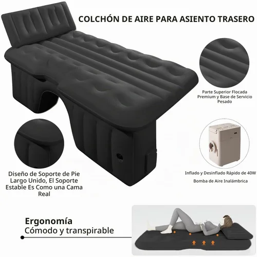 Vista 3 de BEBAS Colchón de aire de coche Cama de asiento trasero de una pieza Negro