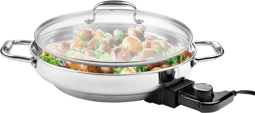 Vista 8 de Cucina Pro - Sartén eléctrica de acero inoxidable 18/10 con tapa de vidrio templado y asas, redonda de 12 pulgadas, perilla de control