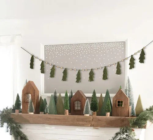 Vista 2 de Guirnalda de Borlas de Árbol de Navidad Pastel Boho, Decoración de Pancarta Navideña con Cuentas de Madera para Repisa de Cabaña Navideña
