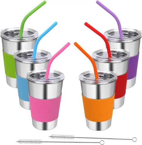 Vista 7 de Vaso de agua con tapas, paquete de 6 vasos de acero inoxidable a prueba de derrames, reutilizable, apilable, de 16 onzas, con tapas, para niños