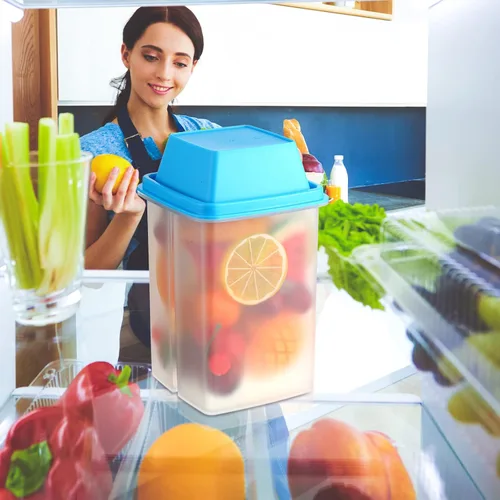 Vista 7 de Contenedor de pepinillos con colador, 2 recipientes de jalapeño de 40.5 onzas con pinzas, 4 botellas de salsa, tarro grande de plástico para Azul