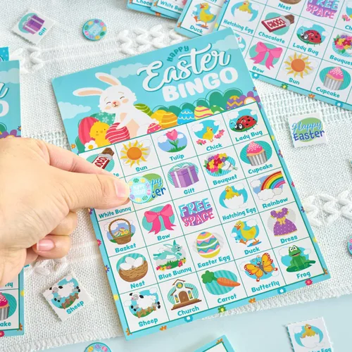 Vista 7 de JOYIN Tarjeta de bingo de Pascua para 28 jugadores (5 x 5) con color azul para niños, niñas y adultos, juegos de Pascua, actividades escolares