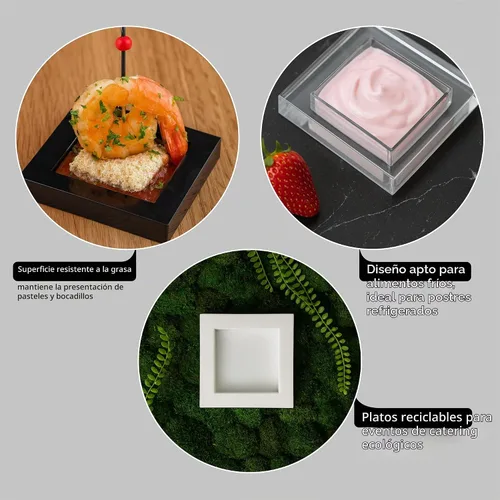Vista 3 de Restaurantware Platos de postre de 2.5 x 2.5 pulgadas, 20 platos desechables para aperitivos, para alimentos fríos, mini platos de plástico negro