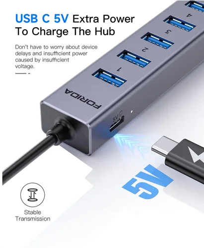 Vista 4 de FORIDA Aluminum USB to Ethernet Adapter with 7-Port USB Hub, RJ45 Adapter Gray