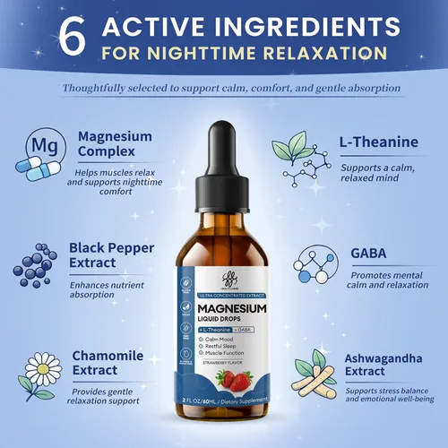 Vista 5 de Gotas de glicinato de magnesio líquido para apoyo al sueño y calma nocturna, gotas de magnesio con manzanilla, ashwagandha, L-teanina y GABA