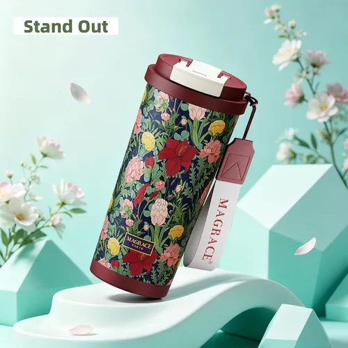 Vista 8 de MAGRACE Taza de viaje de café – Vaso de café a prueba de fugas con tapa abatible y pajilla, aislado al vacío para bebidas calientes y frías