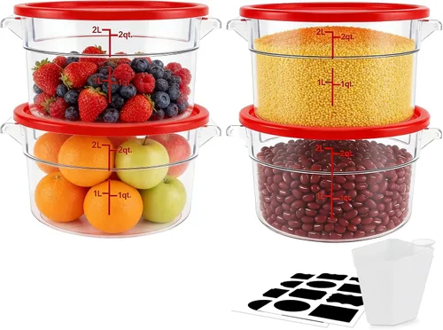 Vista 9 de Paquete de 4 recipientes de almacenamiento de alimentos con tapa, caja de almacenamiento redonda de plástico con escala y agarre, perfecto