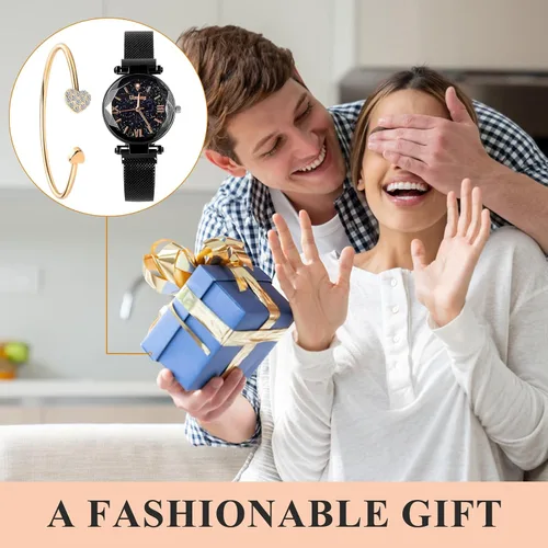 Vista 7 de Reloj de pulsera de cuarzo de lujo con esfera de cielo estrellado para mujer, reloj de malla magnética y pulsera