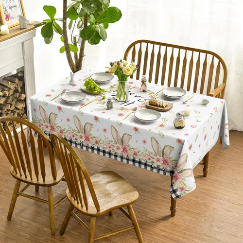 Vista 2 de Horaldaily Mantel de Pascua rectangular de 52 x 70 pulgadas, diseño de flor de primavera, diseño de búfalo a cuadros, para decoración de fiestas