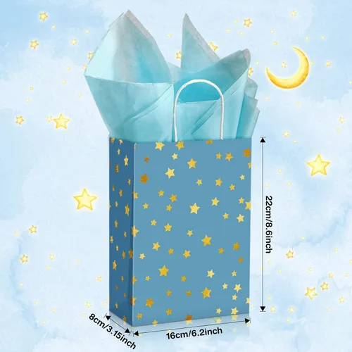 Vista 2 de Pajean Paquete de 32 bolsas de regalo de fiesta con temática de estrellas con asa, mini bolsas de regalo de papel kraft con pañuelos, suministros