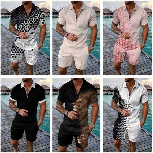 Vista 6 de Conjunto corto de 2 piezas para hombre, camiseta polo, conjunto casual de verano de manga corta y pantalones cortos para hombre