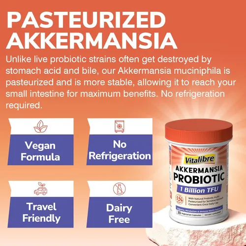 Vista 6 de Vitalibre Akkermansia Muciniphila Probiotic 1 mil millones de TFU con inulina prebiótica natural, aumenta naturalmente GLP-1, digestión saludable