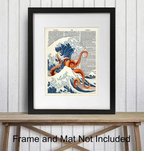 Vista 2 de Arte de Pared Decorativo Diccionario Pulpo Ola Kanagawa Japonés - Decoración Retro para el Hogar Reciclada de 8x10 pulgadas para Oficina