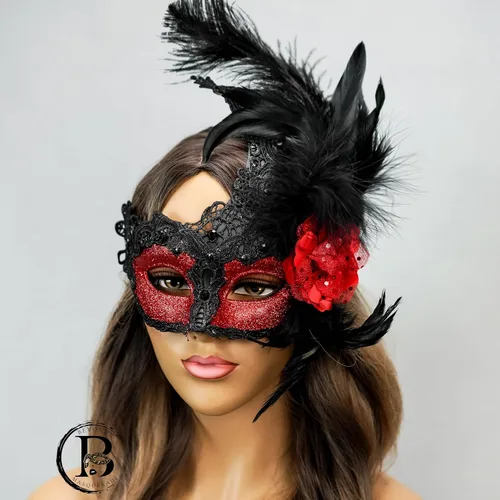 Vista 4 de Máscara de plumas burlesque, máscara de encaje de Mardi Gras para mujer, disfraz de plumas de pavo real, máscara de brocado veneciano