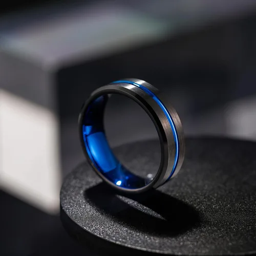 Vista 2 de Greenpod - Anillo de boda, de tungsteno, para hombre, 1564, 2064 y 2564 pulgadas, frase I love you grabada, ranura central fina de color azulrosa