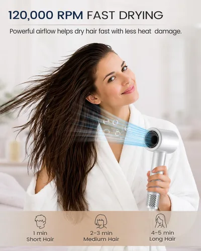 Vista 2 de Secador de pelo iónico, secadora de arco de alta velocidad de 120,000 RPM con difusor para cabello rizado, grueso y encrespado, secador de pelo