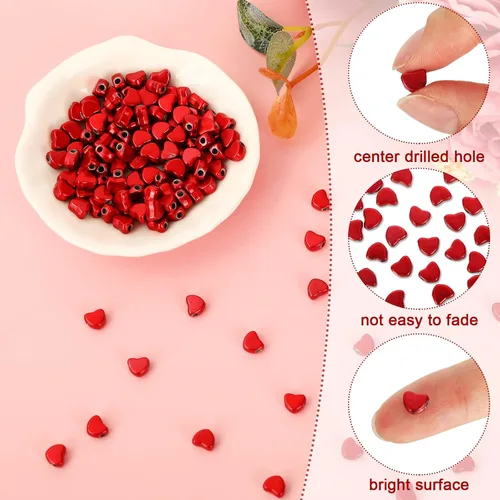 Vista 9 de Whaline 600 cuentas de corazón rojo amor corazón espaciador cuentas de día de San Valentín acrílico forma de corazón cuentas con cuerda elástica