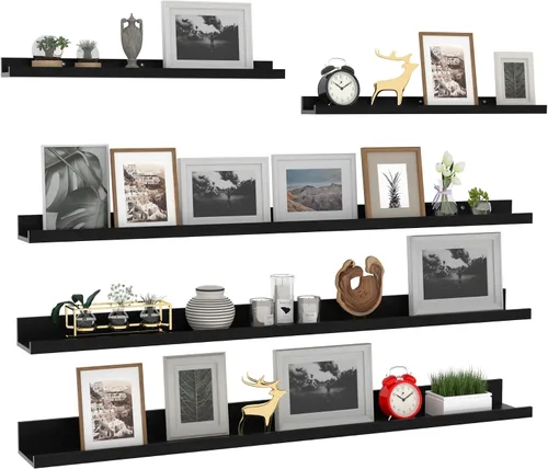 Vista 18 de Giftgarden Juego de 5 estantes flotantes de 24 pulgadas montados en la pared, estantes de pared de madera negra para baño, dormitorio, cocina, sala