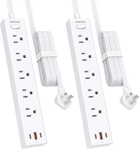 Vista 17 de HOPOW Regleta de alimentación de enchufe plano, cable de extensión ultrafino de 3 pies, protector de sobretensiones con 5 salidas y 3 puertos USB