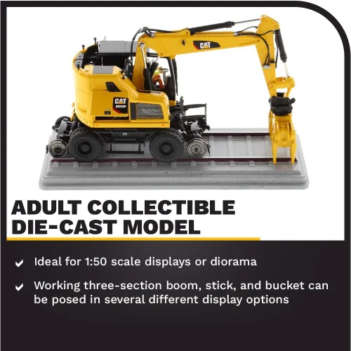 Vista 3 de Diecast Masters Excavadora con ruedas para ferrocarril Caterpillar M323F a escala 1:50 - Versión amarilla de seguridad Camiones para gatos