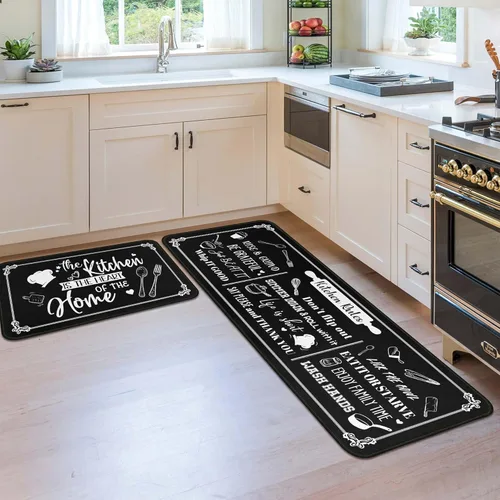 Vista 7 de Juego de 2 tapetes de cocina negros antideslizantes y lavables, juego de 2 tapetes decorativos antifatiga para áreas de cocina y comedor, decoración